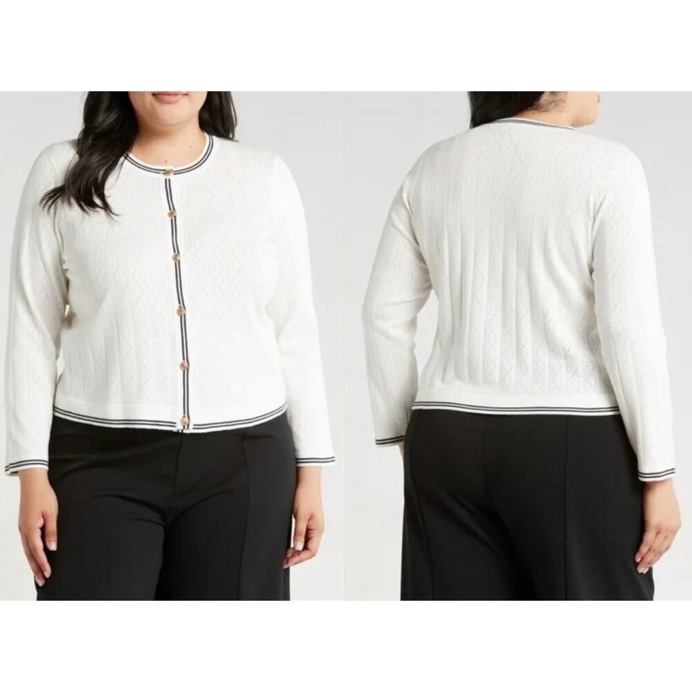 Adrianna Papell NWT Pointelle Sz L Tipped Contrast Knit Cardigan Gold Buttons - Picture 11 of 11